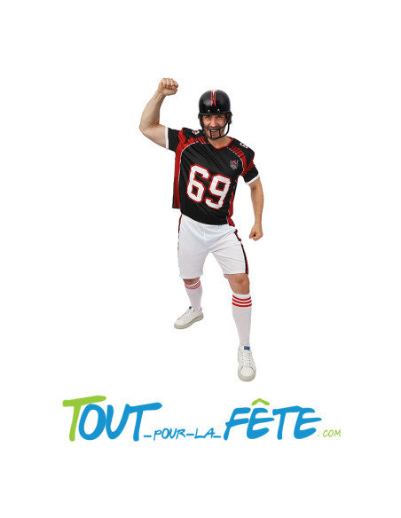 Déguisement Footballeur Américain Adulte – T-shirt Noir et Rouge N°69 & Short Blanc