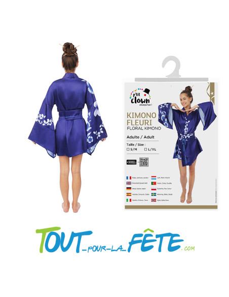 Déguisement Kimono Japonais Adulte Bleu – Costume Élégant à Motifs Floraux Blancs