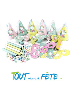 Kit de Fête Licorne pour 6 Personnes | 60 Boules Papier - 6 Sarbacanes - Serpentins - Chapeaux - Sans-Gênes - Loups
