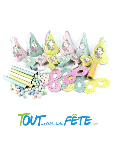 Kit de Fête Licorne pour 6 Personnes | 60 Boules Papier - 6 Sarbacanes - Serpentins - Chapeaux - Sans-Gênes - Loups
