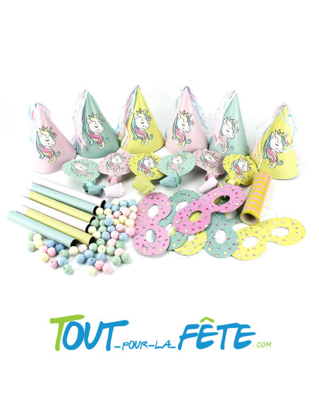Kit de Fête Licorne pour 6 Personnes | 60 Boules Papier - 6 Sarbacanes - Serpentins - Chapeaux - Sans-Gênes - Loups