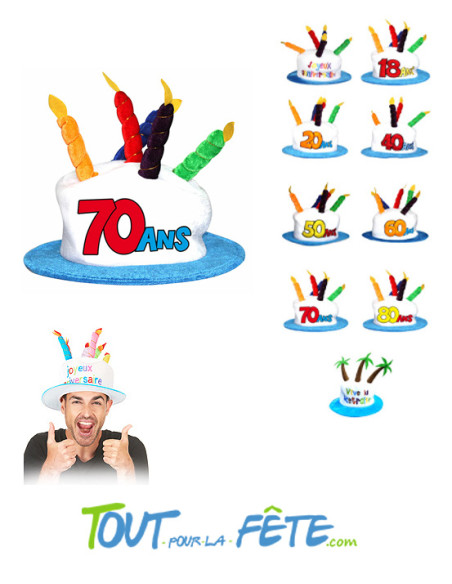 Chapeaux bougies joyeux anniversaire 70 ans