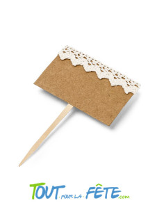 10 Etiquette sur pic et kraft et dentelle 7.5 x 5 cm