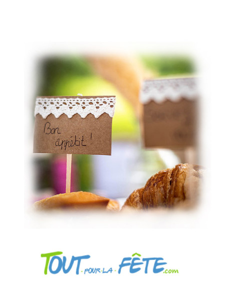 10 Etiquette sur pic et kraft et dentelle 7.5 x 5 cm
