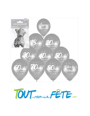 Sachet de 6 ballons métal argent 30 cm vive la retraite