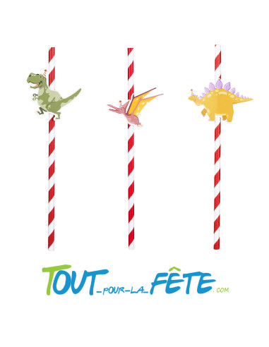 Lot de 6 pailles motifs dinosaure 20 cm