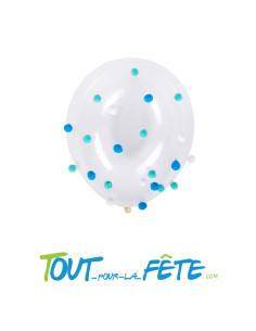Lot de 5 ballons transparent 30 cm à pompons bleus et blancs