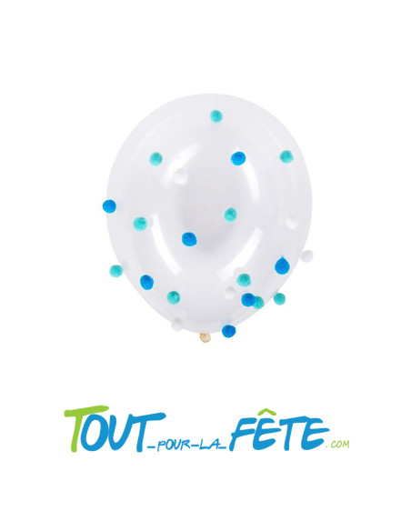 Lot de 5 ballons transparent 30 cm à pompons bleus et blancs