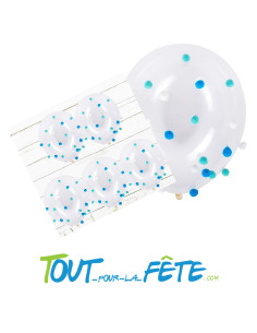 Lot de 5 ballons transparent 30 cm à pompons bleus et blancs 2