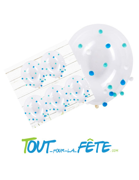 Lot de 5 ballons transparent 30 cm à pompons bleus et blancs