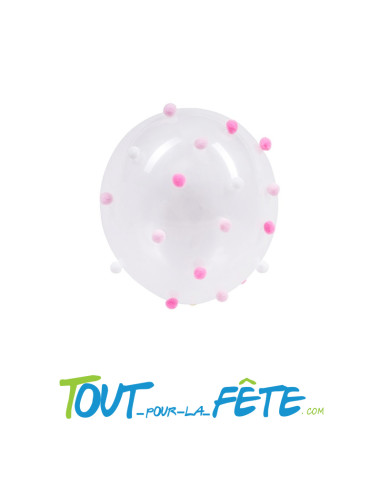 Lot de 5 ballons transparent 30 cm à pompons rose et blancs