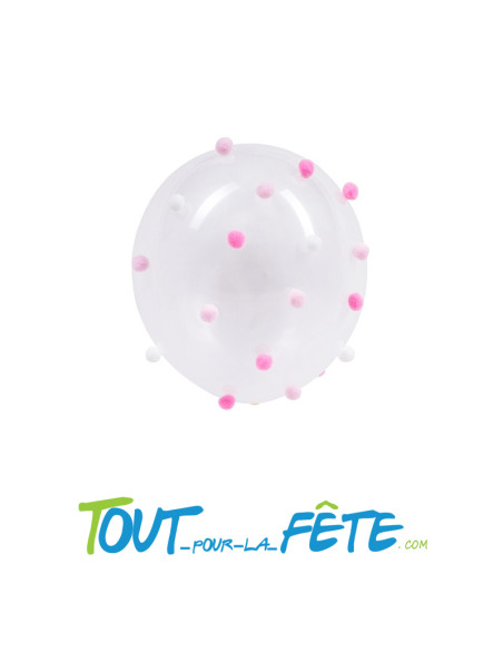 Lot de 5 ballons transparent 30 cm à pompons rose et blancs