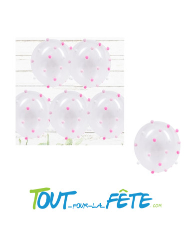 Lot de 5 ballons transparent 30 cm à pompons rose et blancs