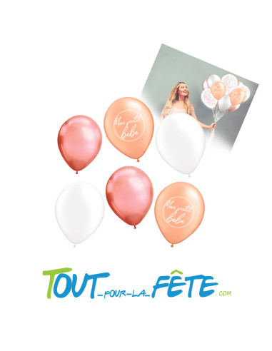 Lot de 6 Ballons Blanc, Rose, Pêche "Mon petit bébé" 30 cm