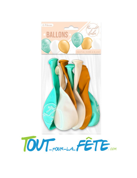 Lot de 6 Ballons Blanc, Menthe, Doré "Mon petit bébé" 30 cm