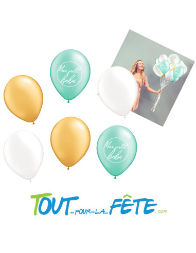 Lot de 6 Ballons Blanc, Menthe, Doré "Mon petit bébé" 30 cm