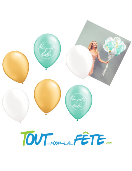 Lot de 6 Ballons Blanc, Menthe, Doré "Mon petit bébé" 30 cm