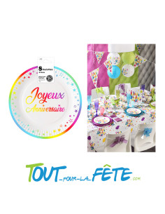 Lot de 8 assiettes joyeux anniversaire multicolore 23 cm 2