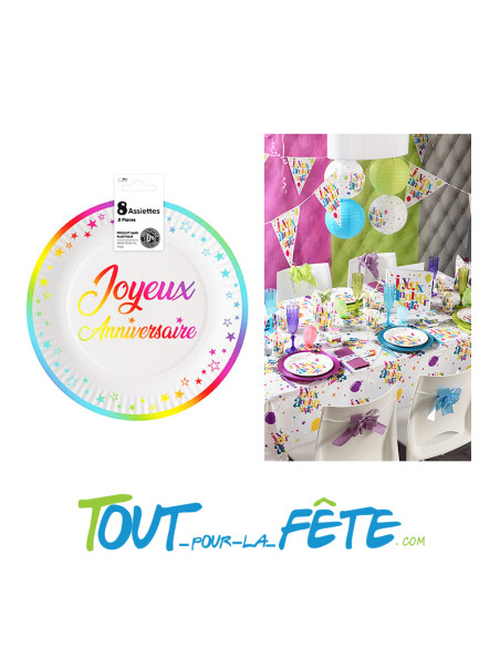 Lot de 8 assiettes joyeux anniversaire multicolore 23 cm