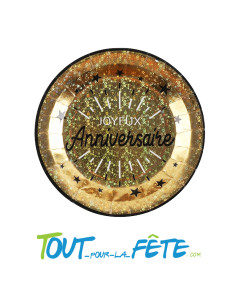 Lot de 10 assiettes joyeux anniversaire noir et or étincelant