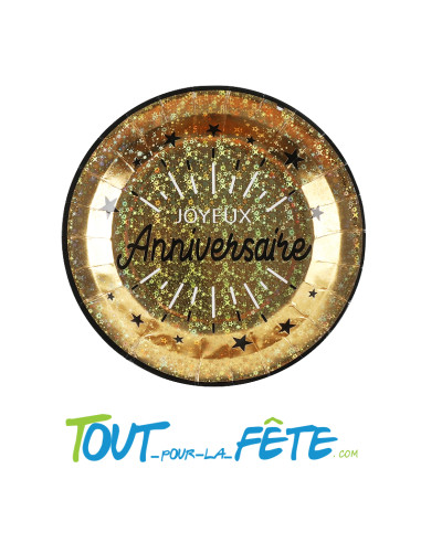 Lot de 10 assiettes joyeux anniversaire noir et or étincelant