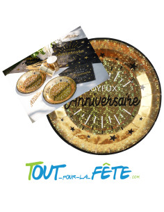 Lot de 10 assiettes joyeux anniversaire noir et or étincelant 2
