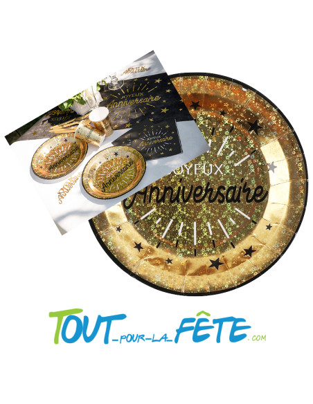 Lot de 10 assiettes joyeux anniversaire noir et or étincelant