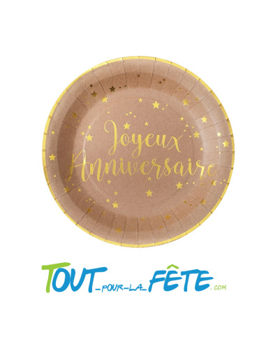Lot de 10 assiettes joyeux anniversaire kraft et or
