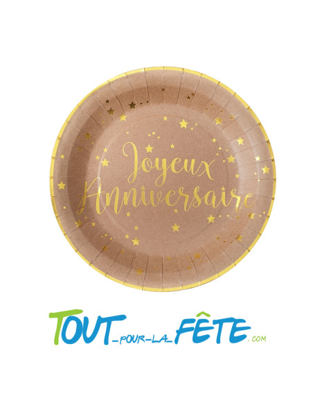Lot de 10 assiettes joyeux anniversaire kraft et or