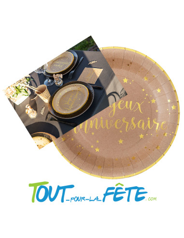 Lot de 10 assiettes joyeux anniversaire kraft et or