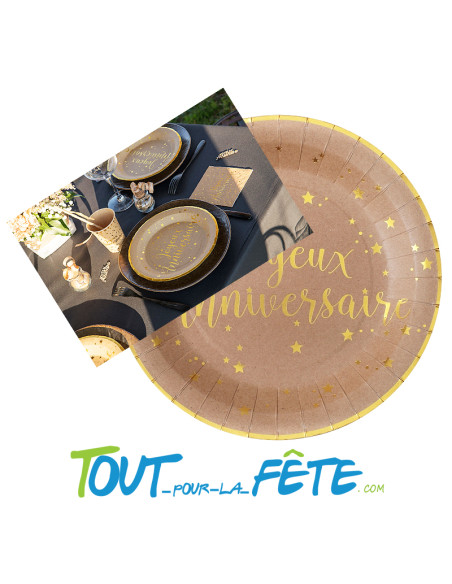 Lot de 10 assiettes joyeux anniversaire kraft et or