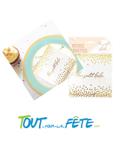 Lot de 12 serviettes mon petit bébé dorée 12.5 cm