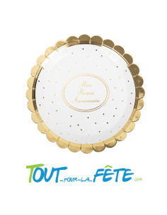 Lot de 8 assiettes mon premier anniversaire blanc et or
