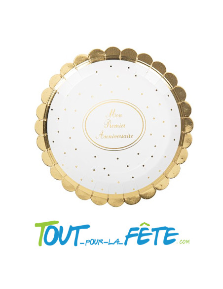 Lot de 8 assiettes mon premier anniversaire blanc et or