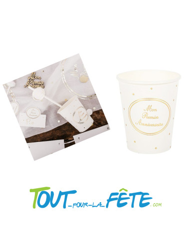 Lot de 8 gobelets mon premier anniversaire blanc et or