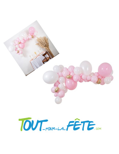 Kit arche à 57 ballons rose poudré, blanc et or