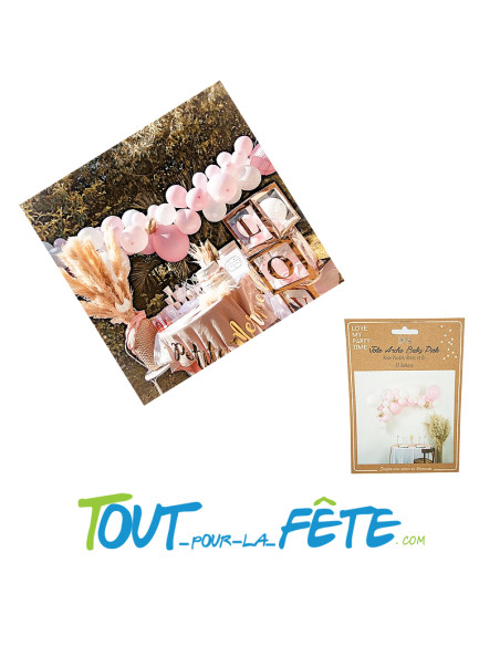 Kit arche à 57 ballons rose poudré, blanc et or