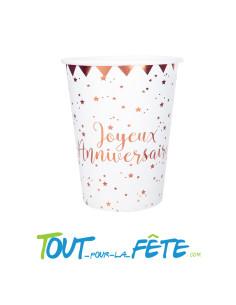 Lot de 10 gobelets joyeux anniversaire blanc et rose gold