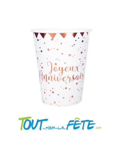 Lot de 10 gobelets joyeux anniversaire blanc et rose gold
