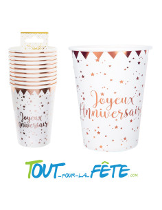 Lot de 10 gobelets joyeux anniversaire blanc et rose gold 2