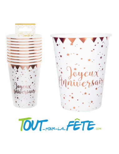 Lot de 10 gobelets joyeux anniversaire blanc et rose gold