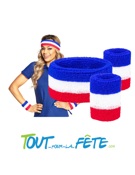 Set Bandeau et Poignets Eponge Bleu, Blanc, Rouge