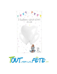 Sachet de 3 Ballons Cœur Géant blanc 45cm 2