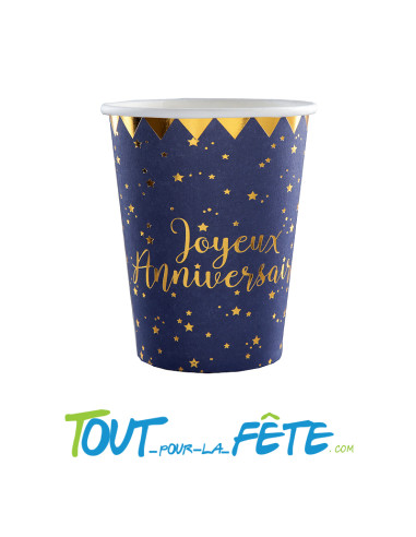 Lot de 10 gobelets Joyeux Anniversaire Bleu marine et Or