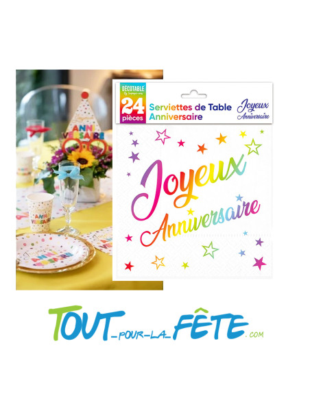 Lot de 24 serviettes joyeux anniversaire multicolore