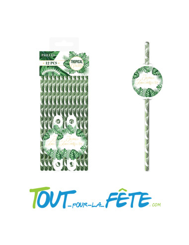 Lot de 12 paille avec médaillon Joyeux Anniversaire Tropica