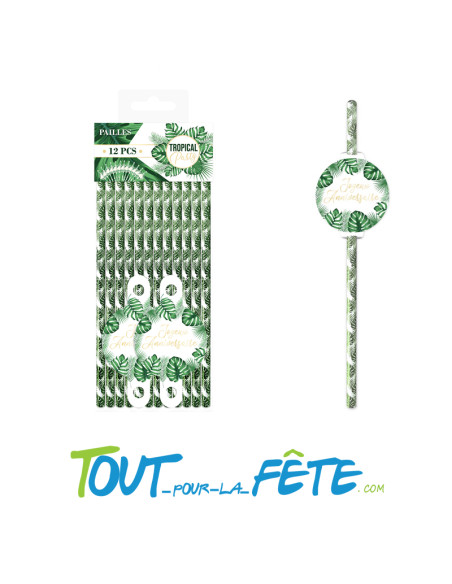 Lot de 12 paille avec médaillon Joyeux Anniversaire Tropica
