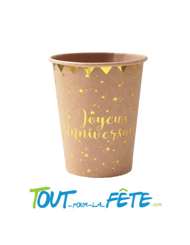 Lot de 10 gobelets Joyeux Anniversaire Kraft et Or