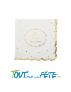 Lot de 16 serviettes Mon premier anniversaire Blanc et or