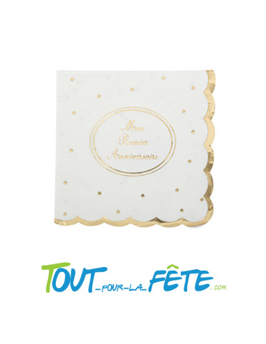 Lot de 16 serviettes Mon premier anniversaire Blanc et or